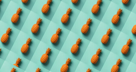 Abstract background with repeating pattern of orange pineapples on a turquoise surface, modern minimalism, isometric perspective.