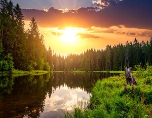Serene sunset over a tranquil forest lake, reflected in still water