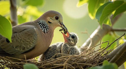 Mother bird feeding its chick in a nest, natures nurturing.