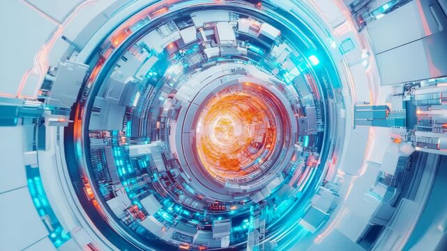 Futuristic illuminated tunnel of advanced technology with intricate geometric structure and dynamic blue-orange glow