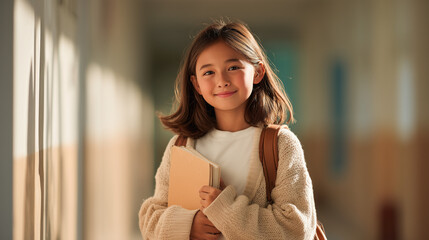 Young girl smiling while holding a book in a school hallway