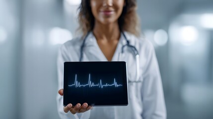 A medical professional holds a tablet displaying a digital heart rate graph representing modern healthcare technology and patient monitoring