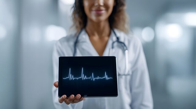 A medical professional holds a tablet displaying a digital heart rate graph representing modern healthcare technology and patient monitoring - Powered by Adobe