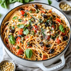 Photo of delicious spaghetti with tomatoes and olives in a white cooking pot