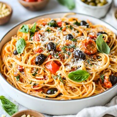 Photo of delicious spaghetti with tomatoes and olives in a white cooking pot