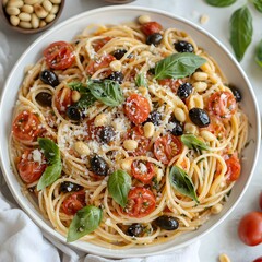 Photo of delicious spaghetti with tomatoes and olives in a white cooking pot