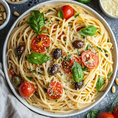 Photo of delicious spaghetti with tomatoes and olives in a white cooking pot
