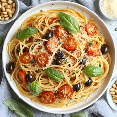 Photo of delicious spaghetti with tomatoes and olives in a white cooking pot
