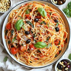 Photo of delicious spaghetti with tomatoes and olives in a white cooking pot