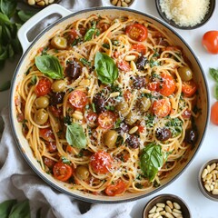 Photo of delicious spaghetti with tomatoes and olives in a white cooking pot