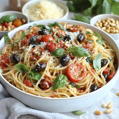 Photo of delicious spaghetti with tomatoes and olives in a white cooking pot