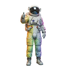 Fototapeta premium Astronaut in a vibrant rainbow-colored suit standing full body, isolated on white background, futuristic cosmic concept.