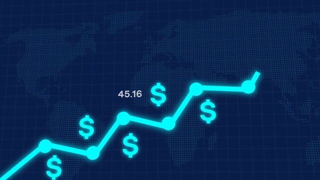 Cyan Line Graph with Dollar Signs and Numerical Value on Dotted World Map chart data