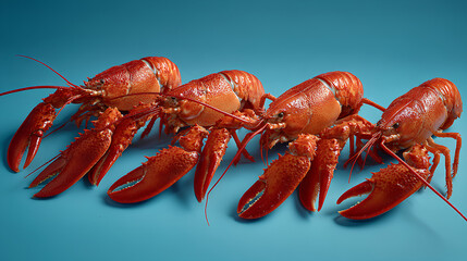 Four Red Lobsters in a Row on Blue Background