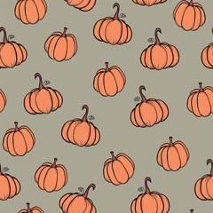 Seamless pattern with pumpkins on color background. Vector hand drawn sketched pumpkin. Autumn illustration for holidays, Halloween. Various food items in doodle style.