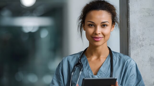A smiling female healthcare professional with a stethoscope holds a tablet in a bright modern clinic setting