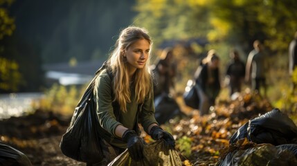Young woman cleaning forest with volunteer group, collecting trash near a river to support environmental awareness and sustainability.