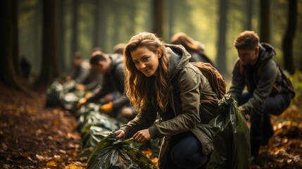 Smiling woman volunteering in forest cleanup, participating with group in environmental action for sustainability and nature protection.