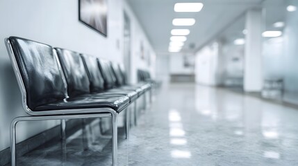 A modern clean waiting room hallway with empty black leather chairs and a polished floor illuminated by bright overhead lights