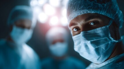 Surgeon in a mask and cap with focused eyes in an operating room flanked by blurred medical staff under bright lights