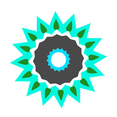 Abstract geometric flower star with teal green and gray layered petals isolated on transparent background