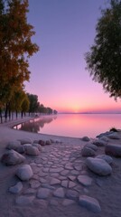 Serene Lakeside Sunrise Scene with Pastel Reflections and Misty Atmosphere