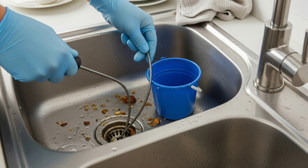 Plumber cleaning clogged sink drain in kitchen. Close-up