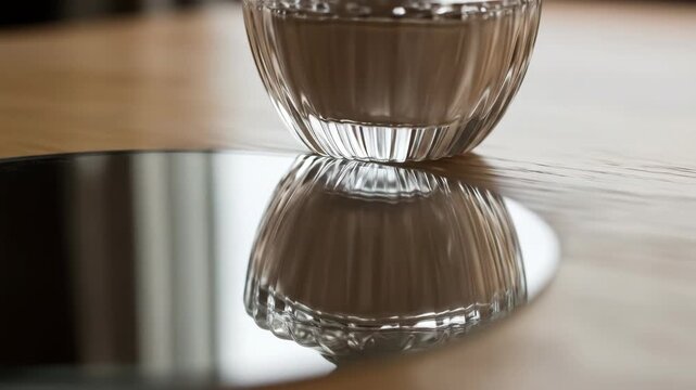 Elegant clear glass bowl reflection on mirror surface with wooden table background, simple design, home decor, interior concept.