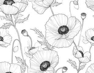 Monochrome line drawing of poppies, stems, and seed pods in a repeating pattern