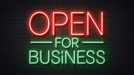 Obraz premium Vibrant neon 'Open for Business' sign glows brightly on a dark brick wall, inviting customers inside.