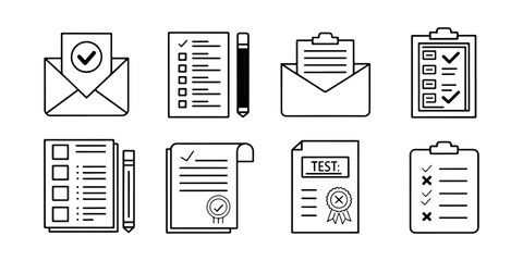 set of paper document and clipboard icon thin line style. Paper icons, File icons. clipboard document page with check mark, magnifier, pencil icon. vector illustration.