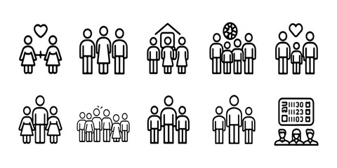 Family, relationship icon set. Parents with children, family bonding, pregnant, playing with kids, reading together, spending time at home. Family life, childcare. Line with vector illustration.