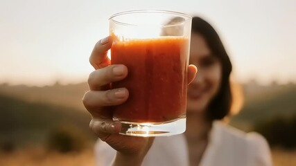 Woman holding beverage outdoors against golden hour sunlight
