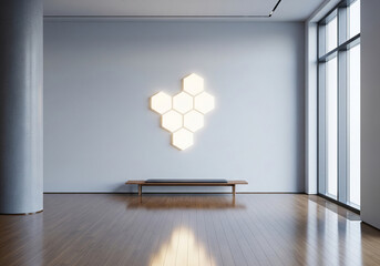 Modern minimalist interior with hexagonal led wall lights and a wooden bench in a spacious room with large windows
