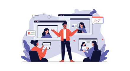 A team of people collaborating on a project during a virtual meeting via video calls.