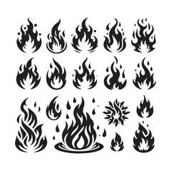 Assortment of Black Silhouette Fire Flame Icons and Abstract Designs on White Background Keywords: fire, flame, burn, heat, energy, power, inferno, bonfire, torch, icon, symbol, graphic, design