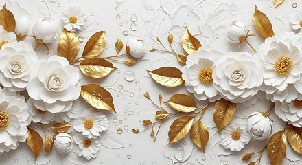 Elegant white flowers adorned with luxurious gold leaves on textured background