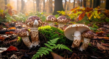 Matsutake mushrooms in a mossy autumn forest, bathed in golden light. A mystical and natural fungi scene