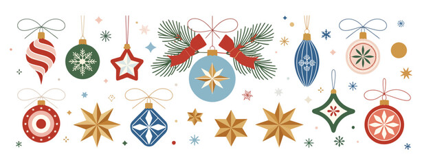 Christmas Baubles and Ornaments Set – Vintage Winter Holiday Decorations with Festive Patterns, Seasonal Xmas Decor Balls, Flat Vector Illustration on White Background