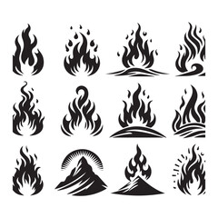 Assortment of Black Silhouette Fire Flame Icons and Mountain Symbols on White Background vector