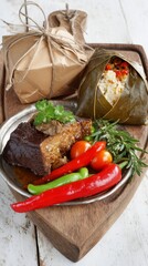 Delicious traditional dish featuring slow-cooked meat, vibrant vegetables, and wrapped rice, served on a rustic wooden platter