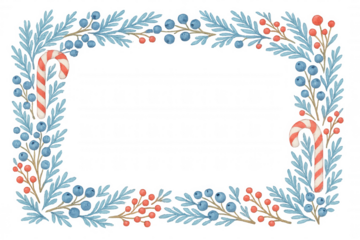 Watercolor christmas frame with candy canes, winter berries, and evergreen branches on transparent background