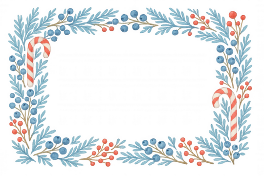 Watercolor christmas frame with candy canes, winter berries, and evergreen branches on transparent background - Powered by Adobe