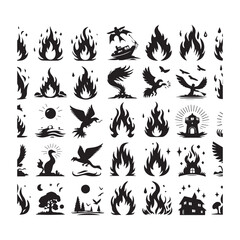Assortment of black silhouette icons featuring flames, birds, a ship, a lighthouse, and nature scenes Keywords: fire, flame, icon, symbol, bird, eagle, ship, boat, lighthouse, sun, sea, waves