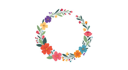 A vibrant floral wreath with colorful blossoms and green leaves arranged in a circular pattern creating a festive and cheerful design.