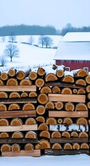 A neatly stacked wall of firewood in a snowy landscape with rolling hills and a red barn under a winter sky