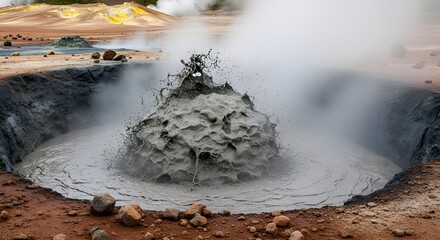​A mud pot vigorously bubbling and spewing thick, gray mud and steam into the air in a geothermal area