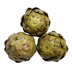Fototapeta premium Fresh Whole Artichokes with Green Leaves and Brown Tips on Transparent Background Clipping Path