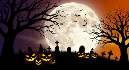 Spooky halloween graveyard scene with jackolanterns and a full moon at night