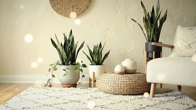 Sun Drenched Bohemian Interior with Off White Armchair Woven Rug Potted Snake Plants and Textured Beige Wall Emphasizing Natural Elements in a Home Decoration and Lifestyle Content